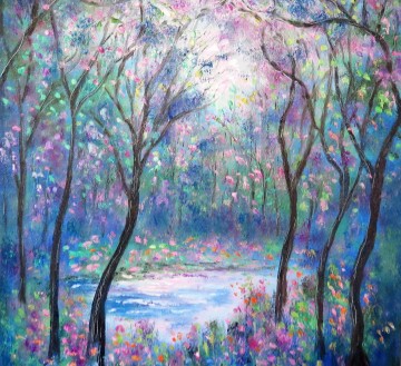 Paisajes Painting - Sweet Spring Pond flor árboles jardín decoración paisaje pared arte naturaleza paisaje